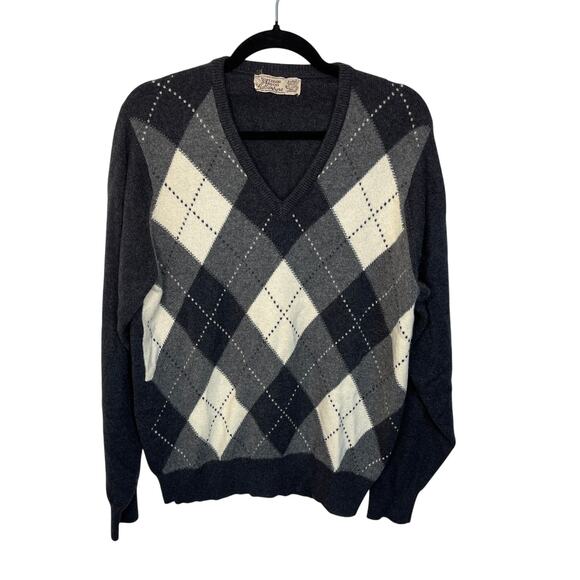 Vtg Fortnum & Mason Ballantyne Sweater L Gray Argyle V-Neck Cashmere Scotland - Picture 1 of 7